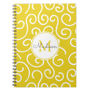 Bright Yellow Whimsical Pattern with Monogram Notebook