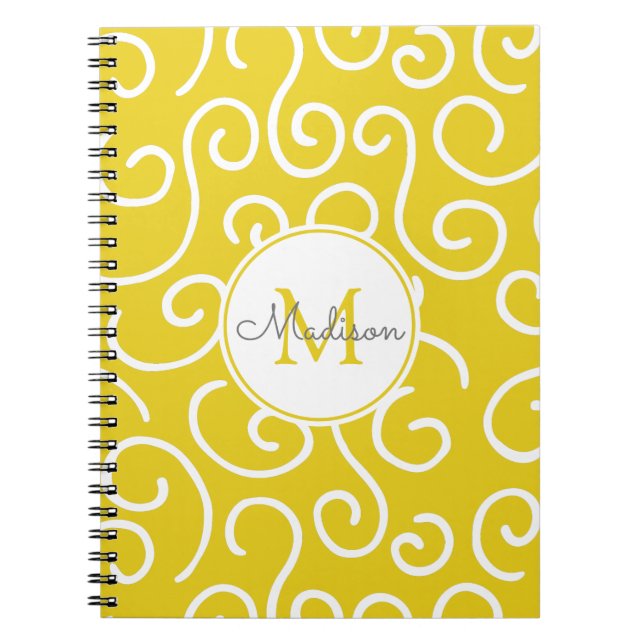 Bright Yellow Whimsical Pattern with Monogram Notebook (Front)