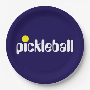 Bright Yellow White PICKLEBALL Text On Navy Blue Paper Plates