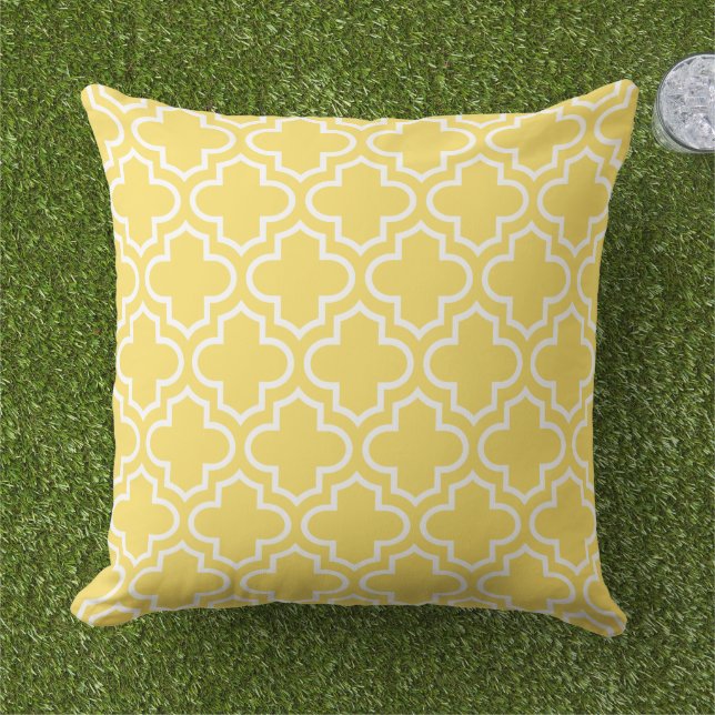 Bright Yellow White Quatrefoil Trellis Outdoor Pillow (Grass)