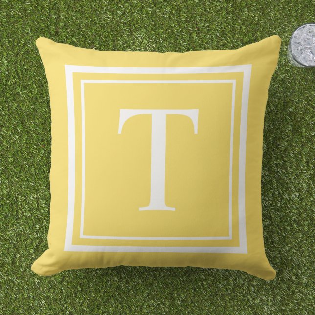 Bright Yellow White Square Frame Monogram Outdoor Pillow (Grass)