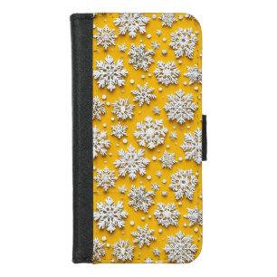 Bright Yellow Winter Holiday White 3D Snowflakes iPhone 8/7 Wallet Case