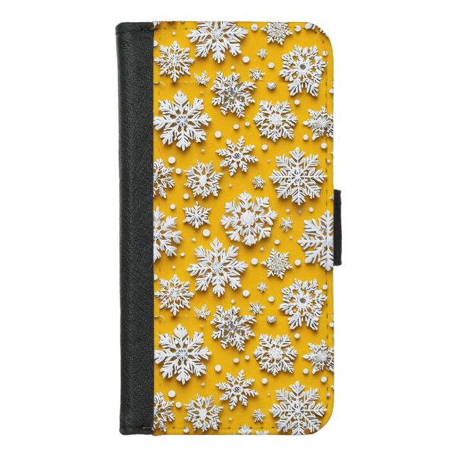 Bright Yellow Winter Holiday White 3D Snowflakes iPhone Wallet Case (Front)