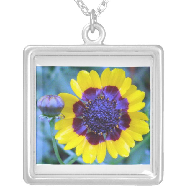 Bright yellow with blue center flower necklace (Front)
