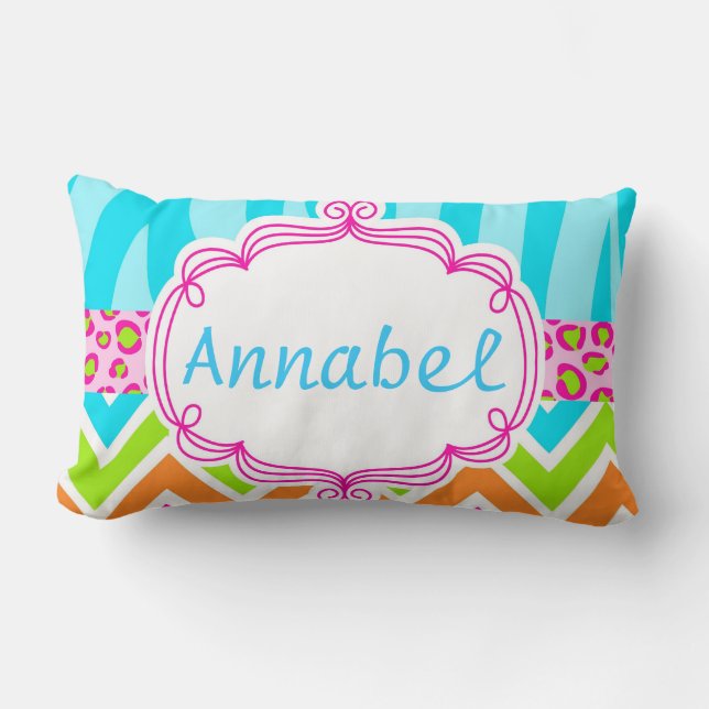 Bright Zebra Leopard and Chevron Personalized Lumbar Pillow (Front)