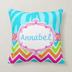 Bright Zebra Leopard and Chevron Personalized Throw Pillow