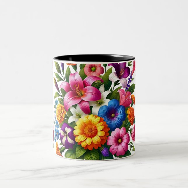 Bright Zinnias & Cosmos Flower Garden - Cheerful a Two-Tone Coffee Mug (Center)