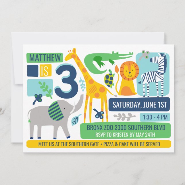 Bright Zoo Jungle Animals Birthday Invitation (Front)