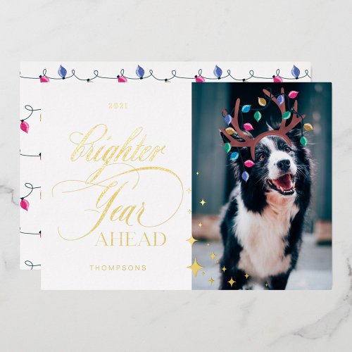 Brighter Year Ahead Fun Pet Photo Reindeer Lights Foil Holiday Card