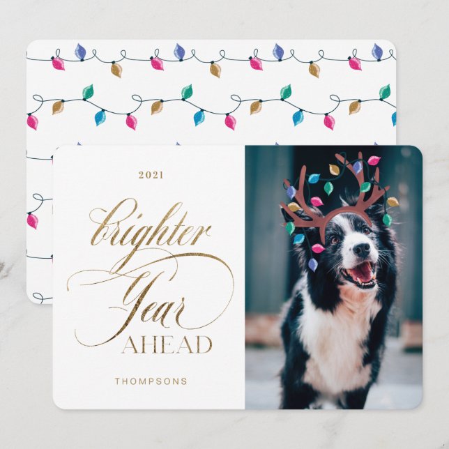 Brighter Year Ahead Fun Pet Photo Reindeer Lights Holiday Card (Front/Back)