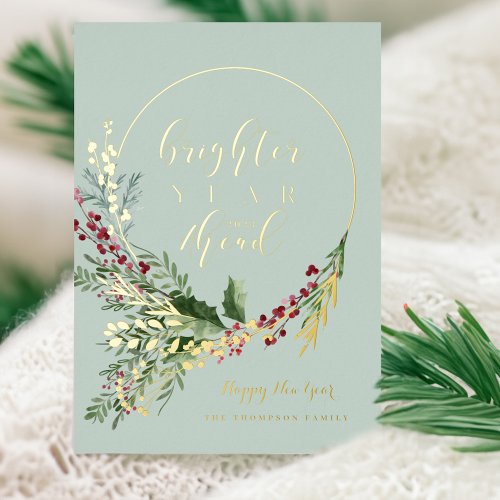 Brighter Year Ahead Watercolor Wreath New Year Foil Holiday Card