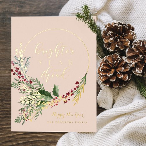 Brighter Year Ahead Watercolor Wreath New Year Foil Holiday Card