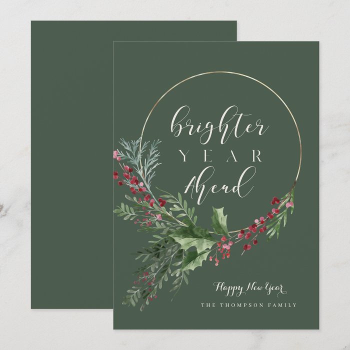 Brighter Year Ahead Watercolor Wreath New Year Holiday Card