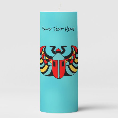 Brightly Colored Abstract Scarab Beetle on Aqua Pillar Candle