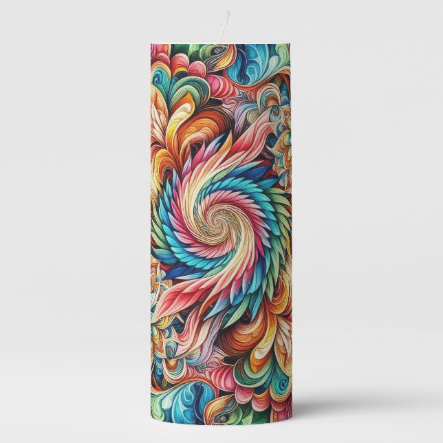 BRIGHTLY COLORED ABSTRACT SWIRLS PILLAR CANDLE (Front)