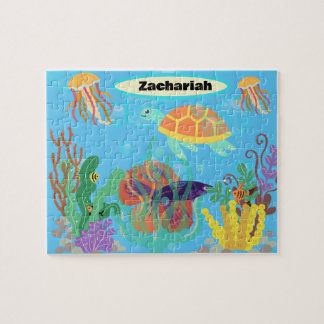 Brightly Colored Blue Ocean Kids Nautical Pattern  Jigsaw Puzzle
