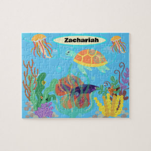 Brightly Colored Blue Ocean Kids Nautical Pattern Jigsaw Puzzle