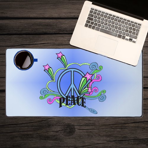 Brightly Colored Blue Peace Sign Scrolls Pink Star Desk Mat