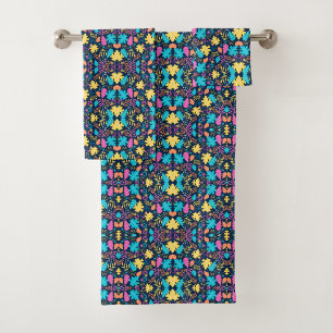 Brightly colored butterfly and floral pattern bath towel set