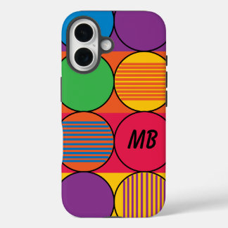 Brightly Colored Circles and Stripes and Initials iPhone 16 Case