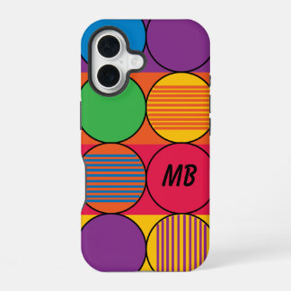 Brightly Colored Circles and Stripes and Initials iPhone 16 Case