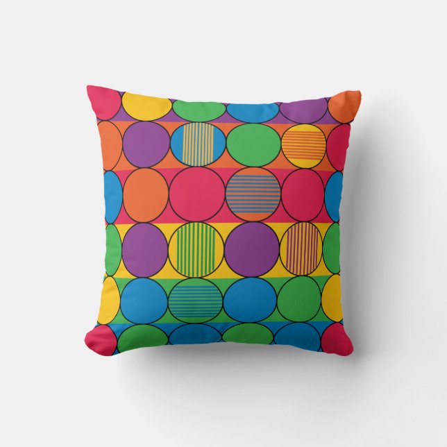 Brightly Colored Circles and Stripes Throw Pillow (Front)
