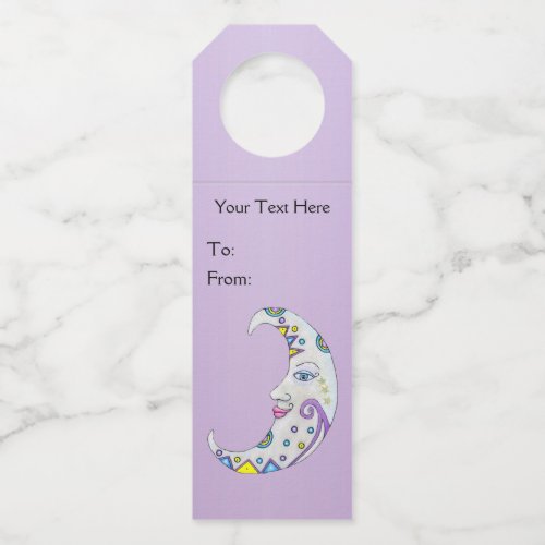 Brightly Colored Crescent Moon Pretty Face Purple Bottle Hanger Tag
