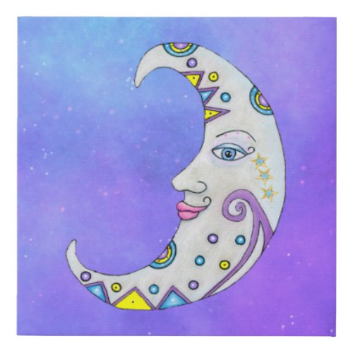 Brightly Colored Crescent Moon Pretty Face Purple  Faux Canvas Print