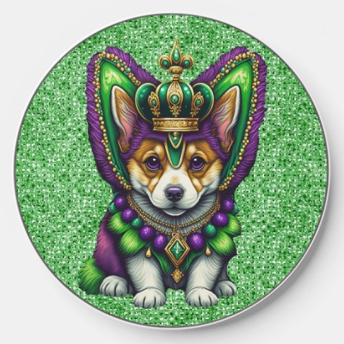 BRIGHTLY COLORED CUTE MARDI GRAS PUPPY DOG WIRELESS CHARGER 