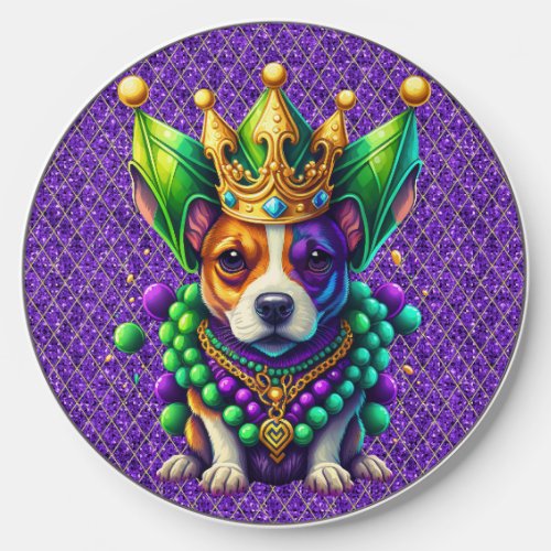 BRIGHTLY COLORED CUTE MARDI GRAS PUPPY DOG WIRELESS CHARGER 