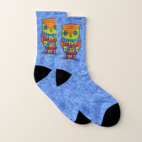 Brightly Colored Fantasy Owl Star eyes on Blue Socks