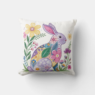 Brightly Colored Floral Bunny Throw Pillow