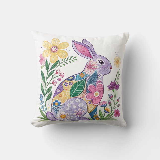 Brightly Colored Floral Bunny Throw Pillow (Front)