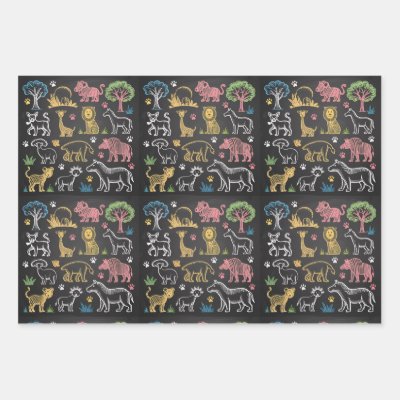 Brightly colored jungle animals and trees wrapping paper sheets