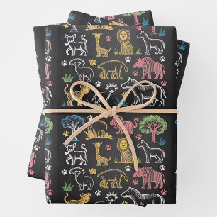 Brightly colored jungle animals and trees wrapping paper sheets