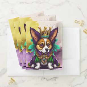 BRIGHTLY COLORED MARDI GRAS PUPPY DOG POCKET FOLDER