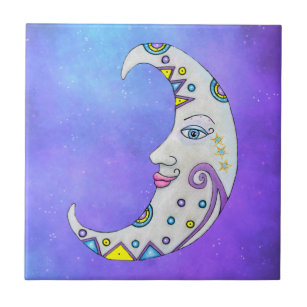 Brightly Colored Moon Pretty Face Stars Purple Sky Ceramic Tile