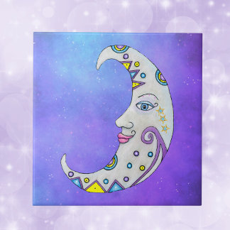 Brightly Colored Moon Pretty Face Stars Purple Sky Ceramic Tile