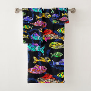 Brightly Colored Mosaic Tropical Fish Bath Towel Set