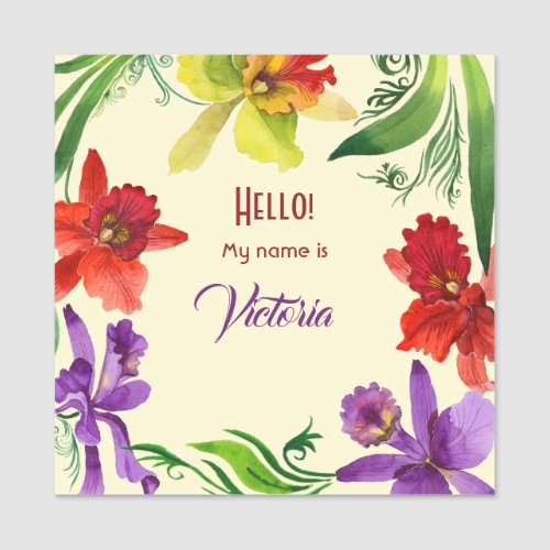 Brightly Colored Orchids Watercolor Name Tag