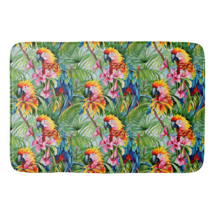 Brightly Colored Parrots and Tropical Flowers Bath Mat