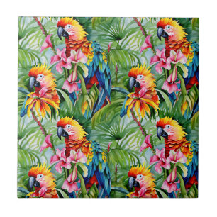 Brightly Colored Parrots and Tropical Flowers Ceramic Tile