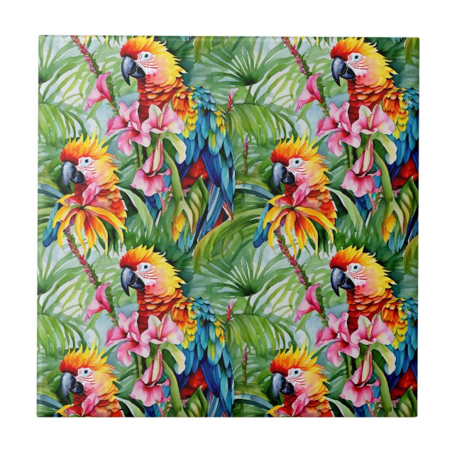 Brightly Colored Parrots and Tropical Flowers Ceramic Tile (Front)