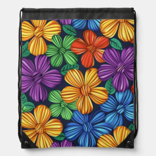 BRIGHTLY COLORED RAINBOW KNITTED LOOK FLOWERS DRAWSTRING BAG