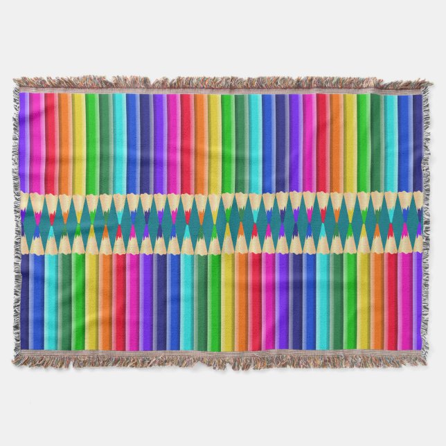 Brightly Colored Rainbow Pencil, Crayon Throw Blanket (Front)