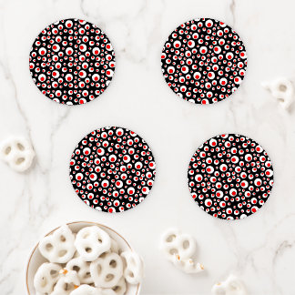Brightly Colored Red White Balls Abstract on Black Coaster Set