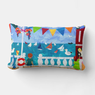 Brightly Colored Sea View, Seagulls and Sailboats Lumbar Pillow