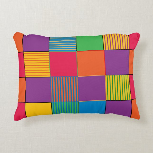 Brightly Colored Squares and Stripes Accent Pillow (Front)