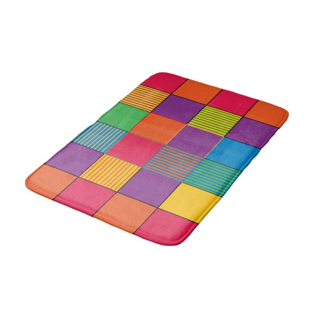Brightly Colored Squares and Stripes Bathroom Mat (Angled)