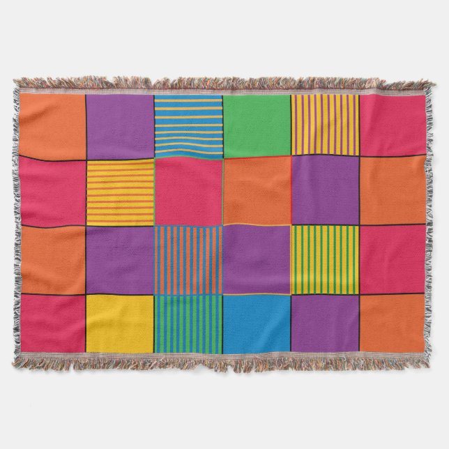 Brightly Colored Squares and Stripes Throw Blanket (Front)